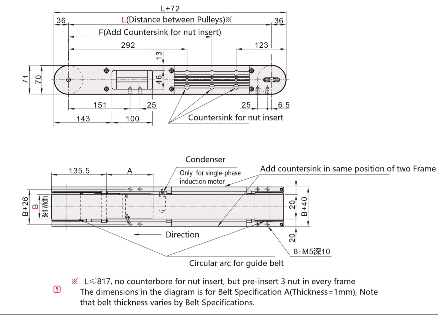 PU belt conveyor with motor inside frame for small conveyor belt system 10