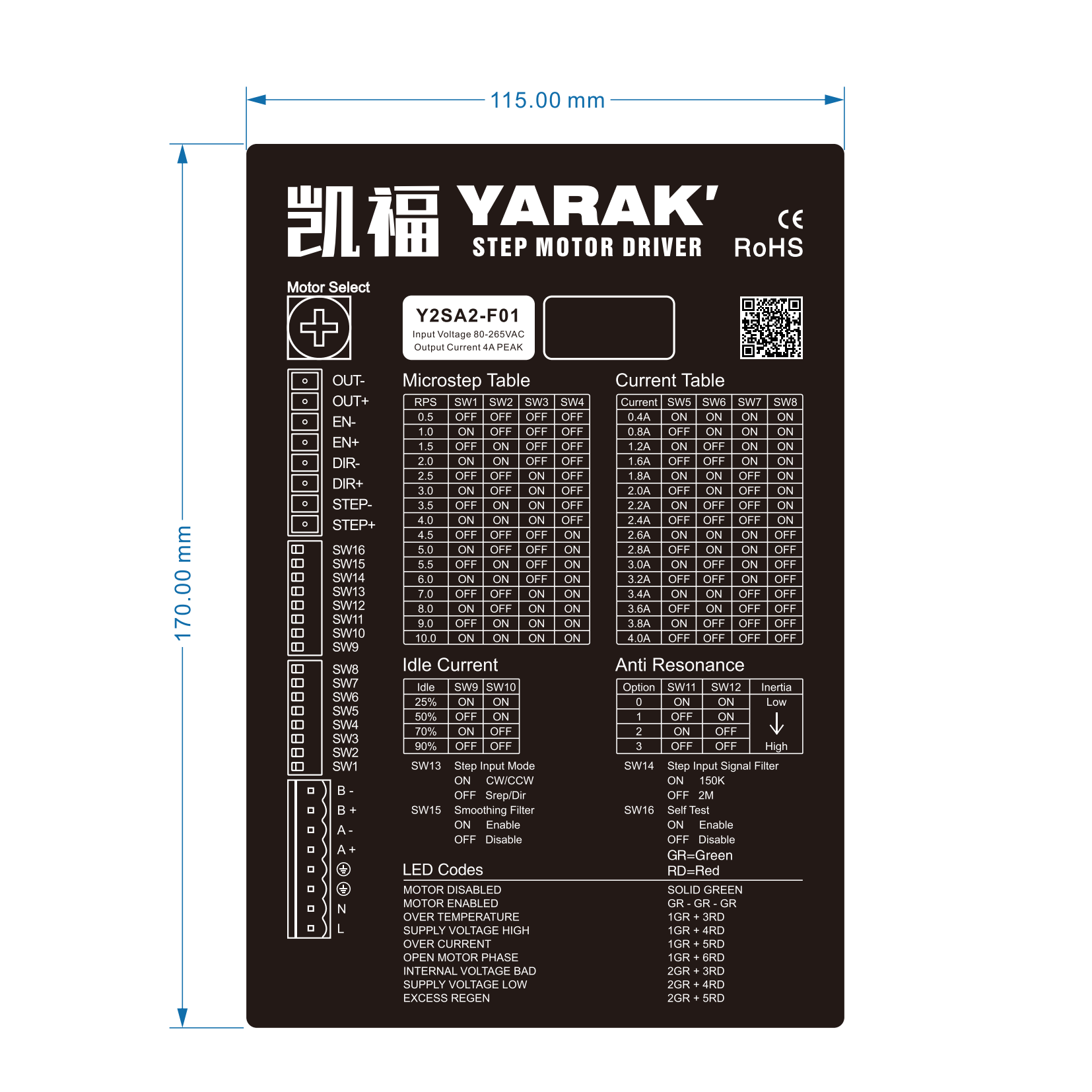 Y2SA2-F01 AC Velocity Control Driver for 60-130mm Stepper Motors